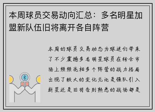 本周球员交易动向汇总：多名明星加盟新队伍旧将离开各自阵营
