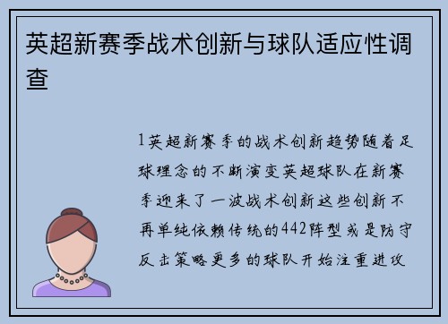 英超新赛季战术创新与球队适应性调查